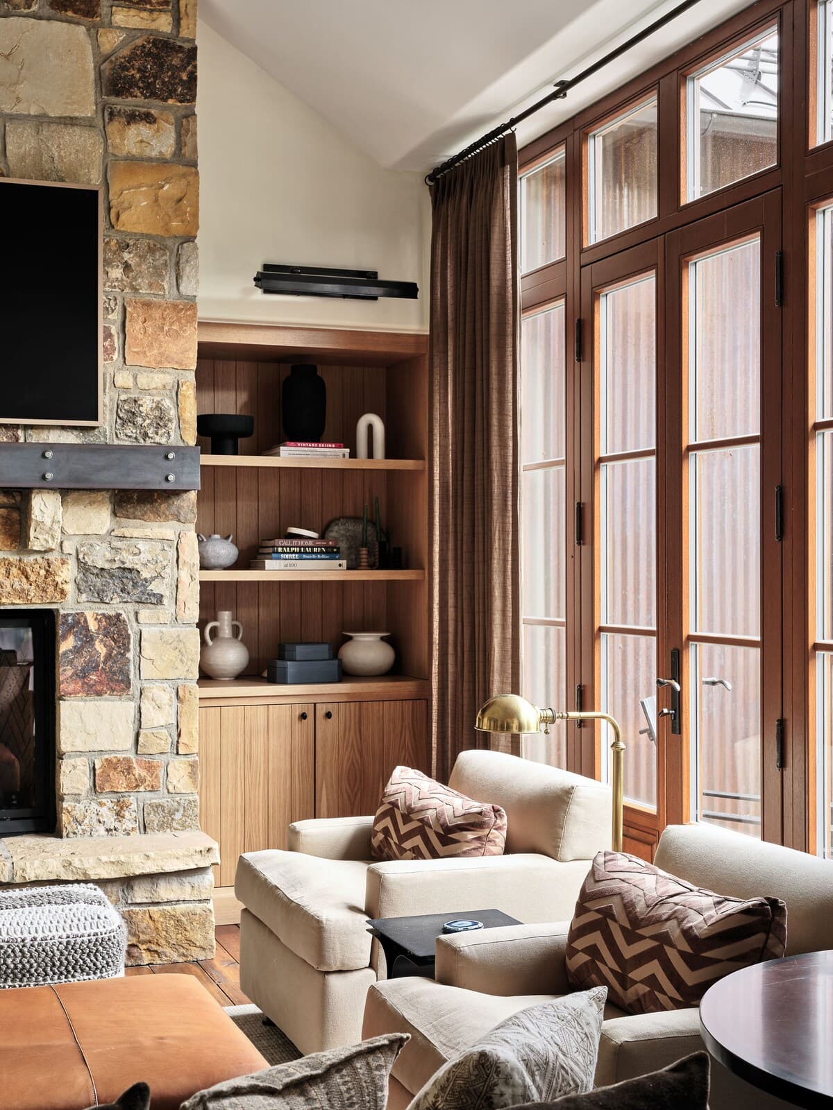 Living area · mountain views and stone fireplace