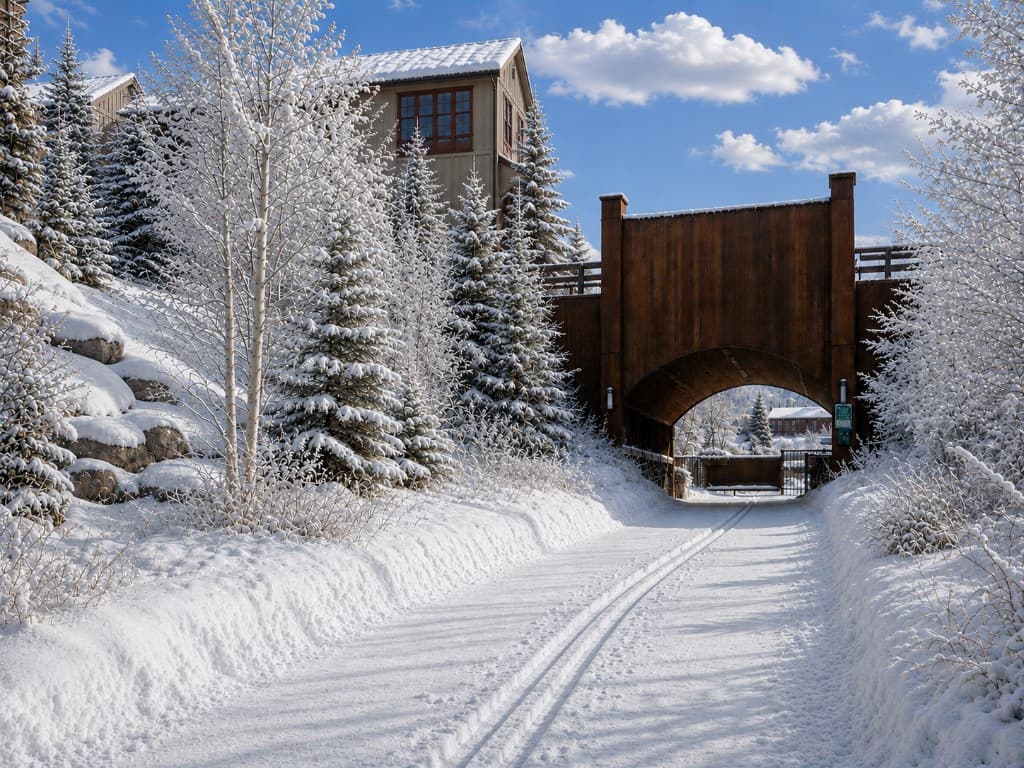 Groomed ski track under the wooden bridge arch toward the Sundance ski run